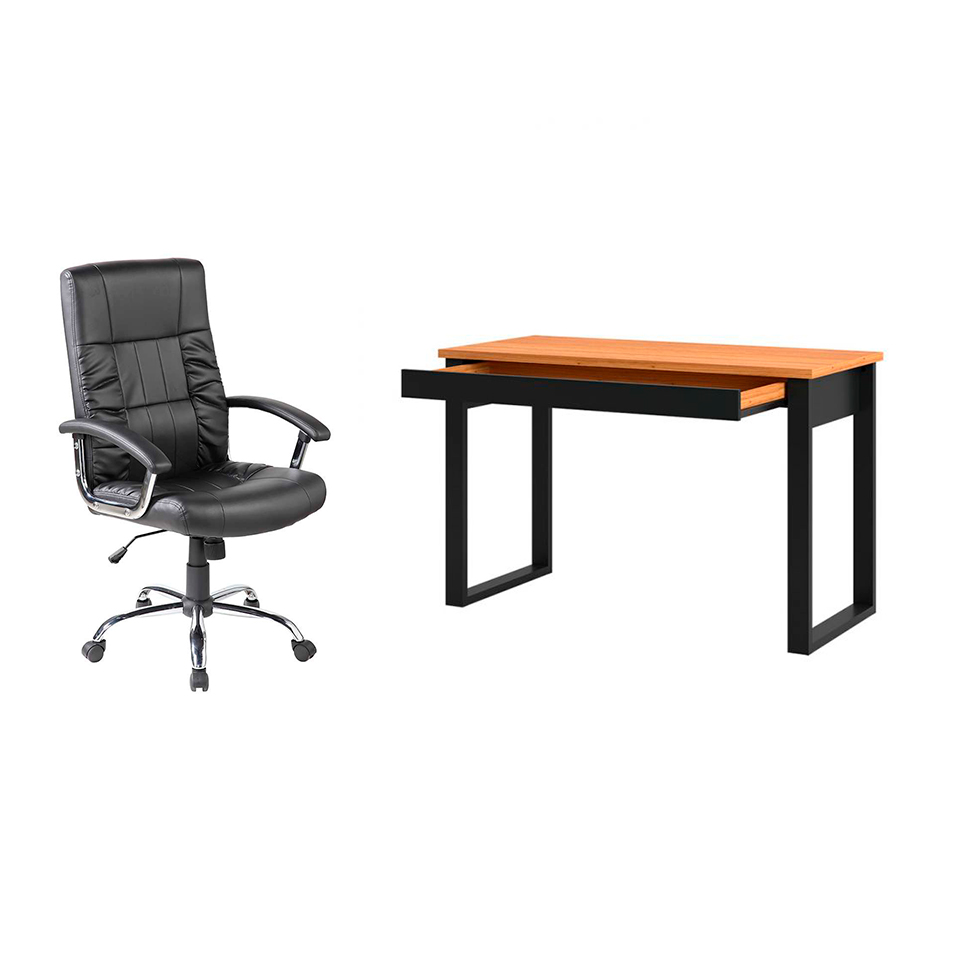 Conjunto de Mesa Anah 1 GV Freijó com Cadeira de Escritório Presidente Giratória com Relax Office Plus Preta Conjunto de Mesa Anah 1 GV Freijó com Cadeira de Escritório Presidente Giratória com Relax Office Plus Preta