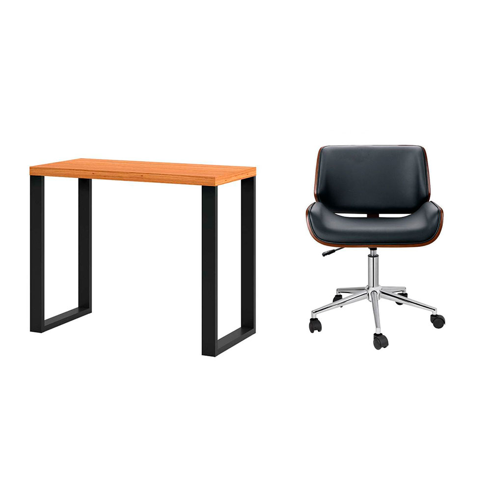 Conjunto de Mesa Anah Freijó com Cadeira de Escritório Diretor Giratória Lauren Preta Conjunto de Mesa Anah Freijó com Cadeira de Escritório Diretor Giratória Lauren Preta