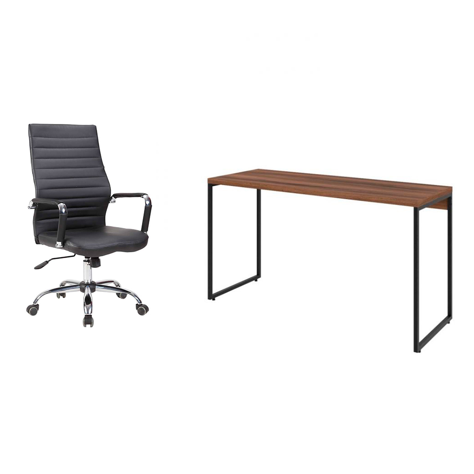 Conjunto de Mesa Studio Nogal 135 cm com Cadeira de Escritório Diretor Giratória Cleaner Preta Conjunto de Mesa Studio Nogal 135 cm com Cadeira de Escritório Diretor Giratória Cleaner Preta