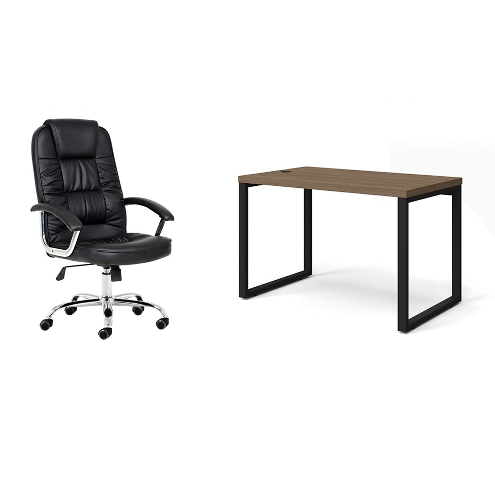 Conjunto de Mesa Munique Carvalho 120 cm com Cadeira de Escritório Presidente Giratória com Relax Finland Preta Conjunto de Mesa Munique Carvalho 120 cm com Cadeira de Escritório Presidente Giratória com Relax Finland Preta