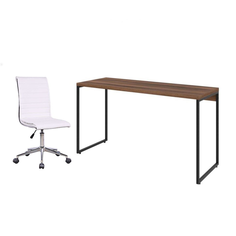 Conjunto de Mesa Studio Nogal 135 cm com Cadeira de Escritório Secretária Giratória Marilyn Branca Conjunto de Mesa Studio Nogal 135 cm com Cadeira de Escritório Secretária Giratória Marilyn Branca