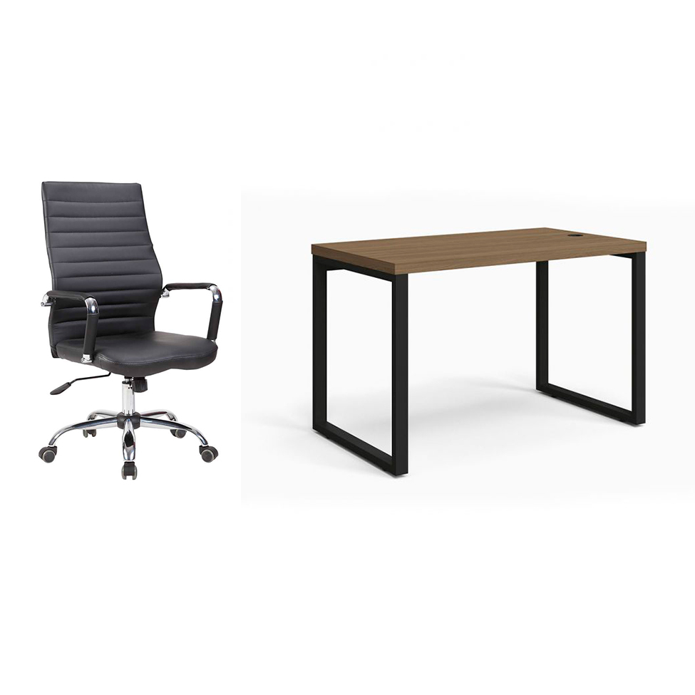 Conjunto de Mesa Munique Carvalho 120 cm com Cadeira de Escritório Diretor Giratória Cleaner Preta Conjunto de Mesa Munique Carvalho 120 cm com Cadeira de Escritório Diretor Giratória Cleaner Preta