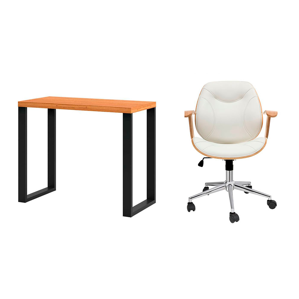 Conjunto de Mesa Anah Freijó e Preta com Cadeira de Escritório Diretor Giratória Antonella Branca Conjunto de Mesa Anah Freijó e Preta com Cadeira de Escritório Diretor Giratória Antonella Branca