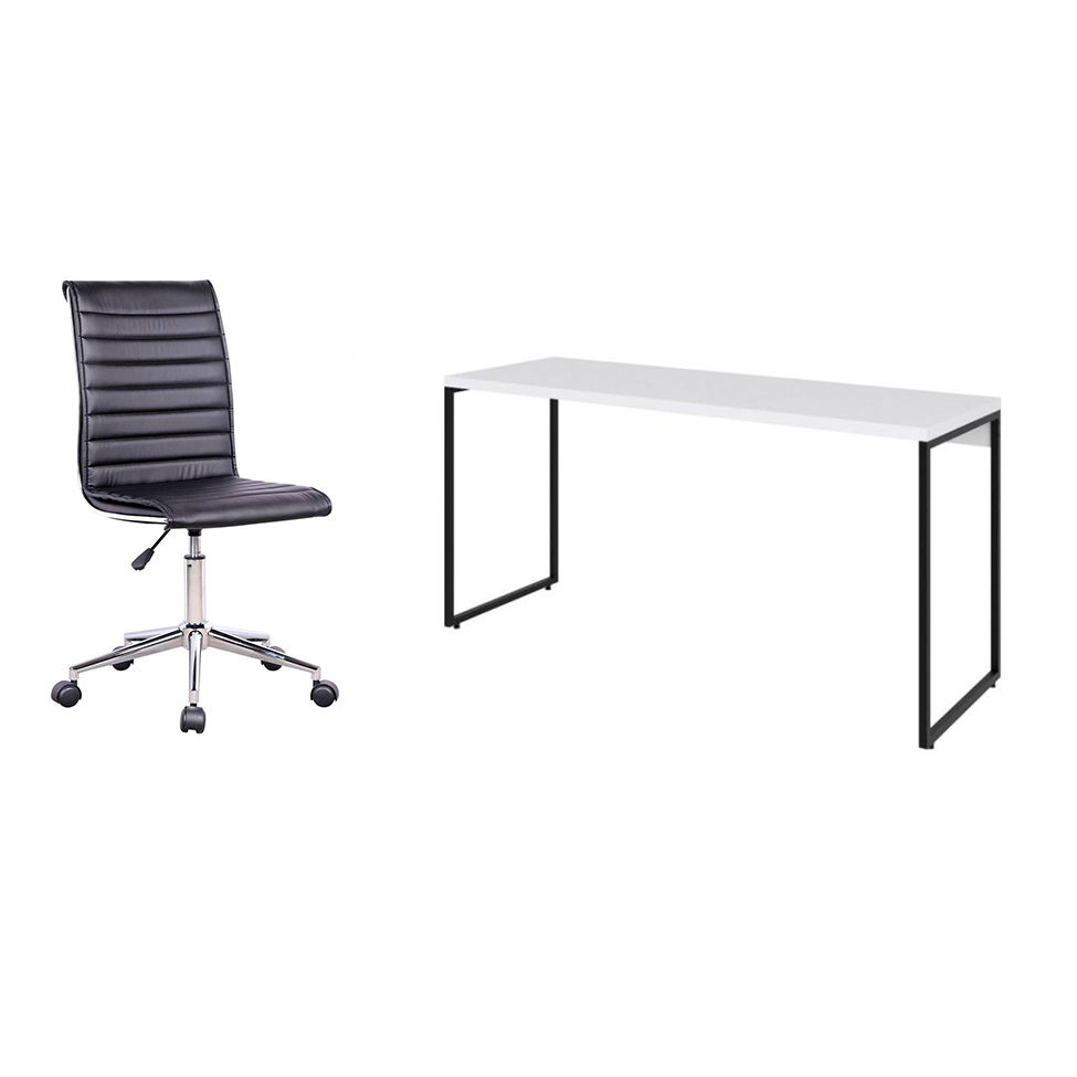 Conjunto de Mesa Studio Branca 150 cm com Cadeira de Escritório Secretária Giratória Marilyn Preta Conjunto de Mesa Studio Branca 150 cm com Cadeira de Escritório Secretária Giratória Marilyn Preta