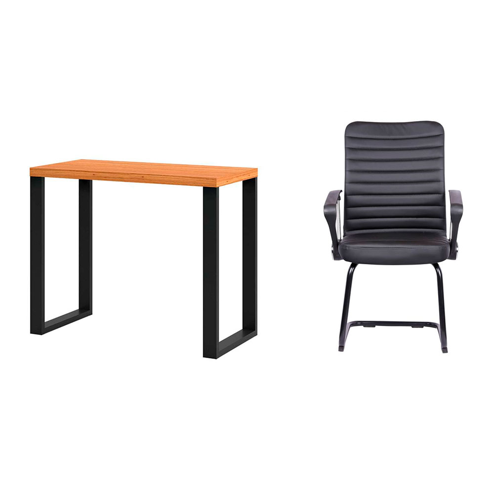 Conjunto de Mesa Anah Freijó com Cadeira de Escritório Interlocutor Fixa Oslo Preta Conjunto de Mesa Anah Freijó com Cadeira de Escritório Interlocutor Fixa Oslo Preta