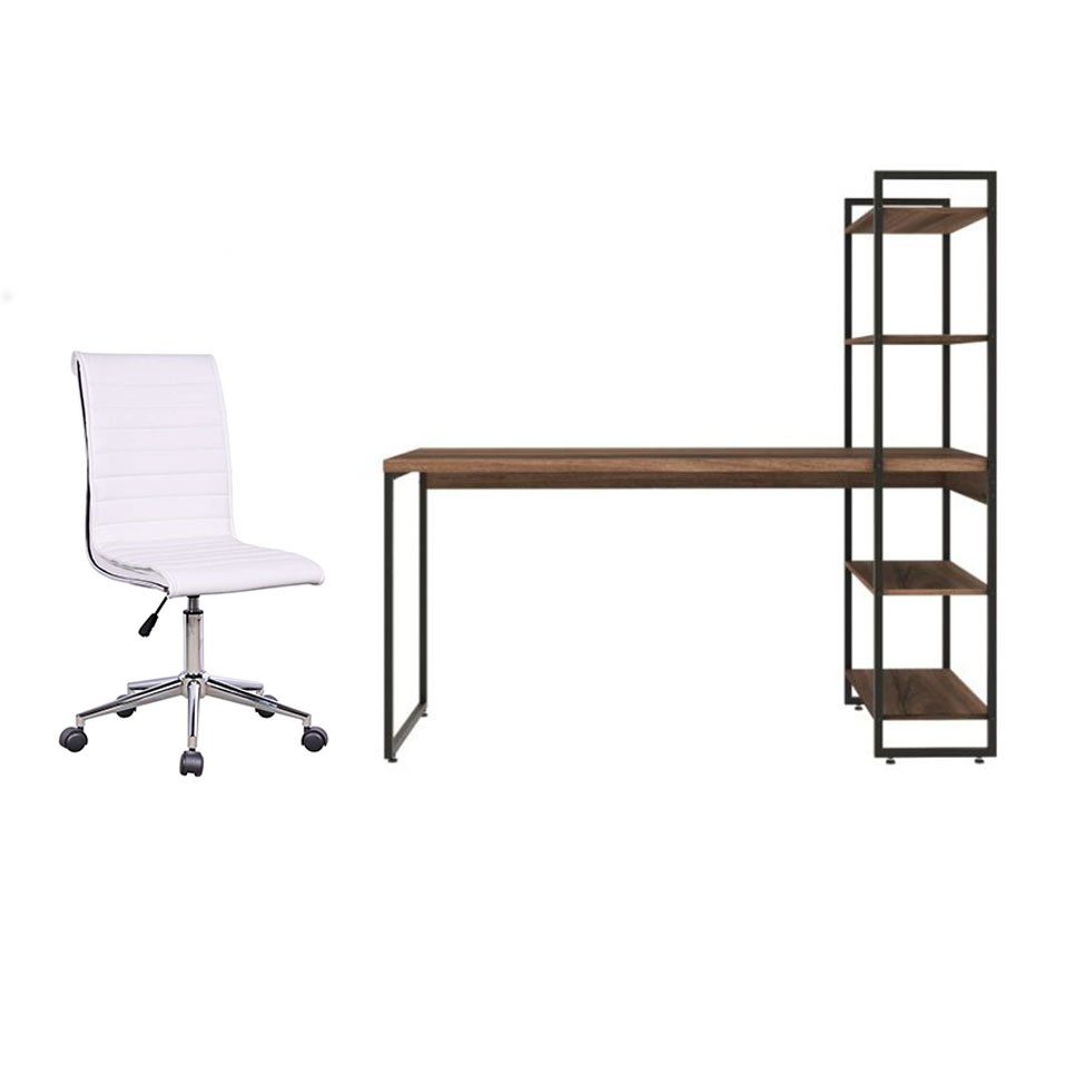 Conjunto de Mesa Studio com Estante Nogal e Preta 146 cm com Cadeira de Escritório Secretária Giratória Marilyn Branca Conjunto de Mesa Studio com Estante Nogal e Preta 146 cm com Cadeira de Escritório Secretária Giratória Marilyn Branca