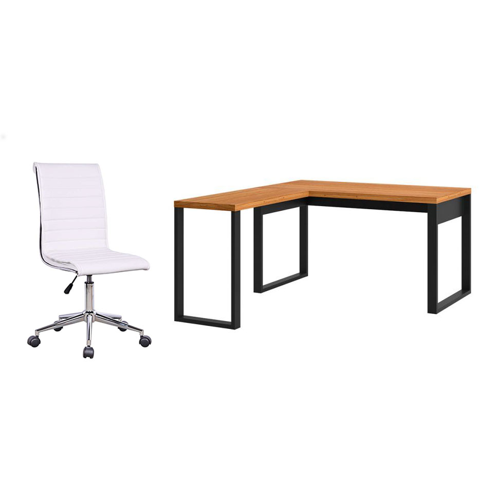 Conjunto de Mesa em L Anah Freijó e Preta com Cadeira de Escritório Secretária Giratória Marilyn Branca Conjunto de Mesa em L Anah Freijó e Preta com Cadeira de Escritório Secretária Giratória Marilyn Branca