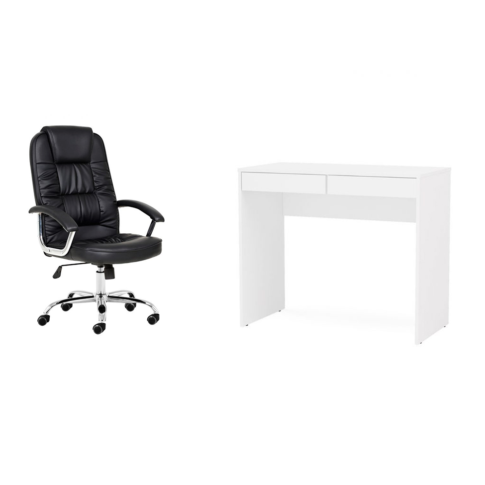 Conjunto de Mesa Mendes 2 GV Branca com Cadeira de Escritório Presidente Giratória com Relax Finland Preta Conjunto de Mesa Mendes 2 GV Branca com Cadeira de Escritório Presidente Giratória com Relax Finland Preta