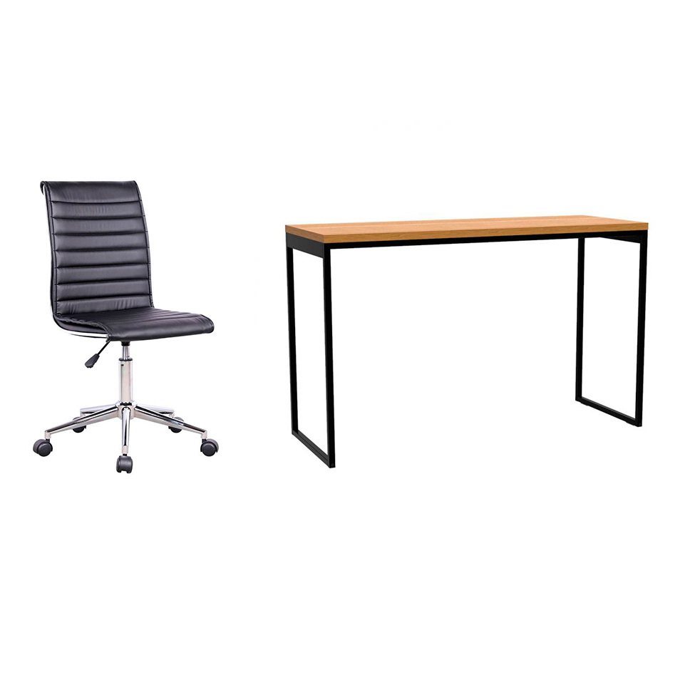 Conjunto de Mesa Stanford Amêndoa 120 cm com Cadeira de Escritório Secretária Giratória Marilyn Preta Conjunto de Mesa Stanford Amêndoa 120 cm com Cadeira de Escritório Secretária Giratória Marilyn Preta