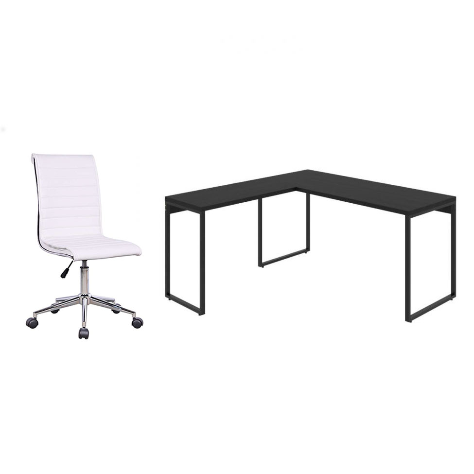 Conjunto de Mesa Kuadra II Preta 150 cm com Cadeira de Escritório Secretária Giratória Marilyn Branca Conjunto de Mesa Kuadra II Preta 150 cm com Cadeira de Escritório Secretária Giratória Marilyn Branca