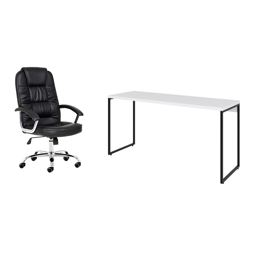 Conjunto de Mesa Studio Branca com Cadeira de Escritório Presidente Giratória com Relax Finland Preta Conjunto de Mesa Studio Branca com Cadeira de Escritório Presidente Giratória com Relax Finland Preta