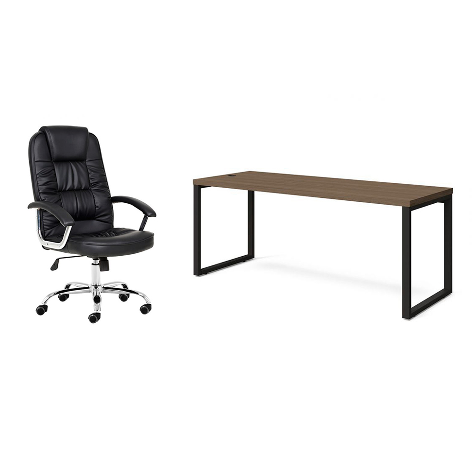 Conjunto de Mesa Munique Carvalho 190 cm com Cadeira de Escritório Presidente Giratória com Relax Finland Preta Conjunto de Mesa Munique Carvalho 190 cm com Cadeira de Escritório Presidente Giratória com Relax Finland Preta