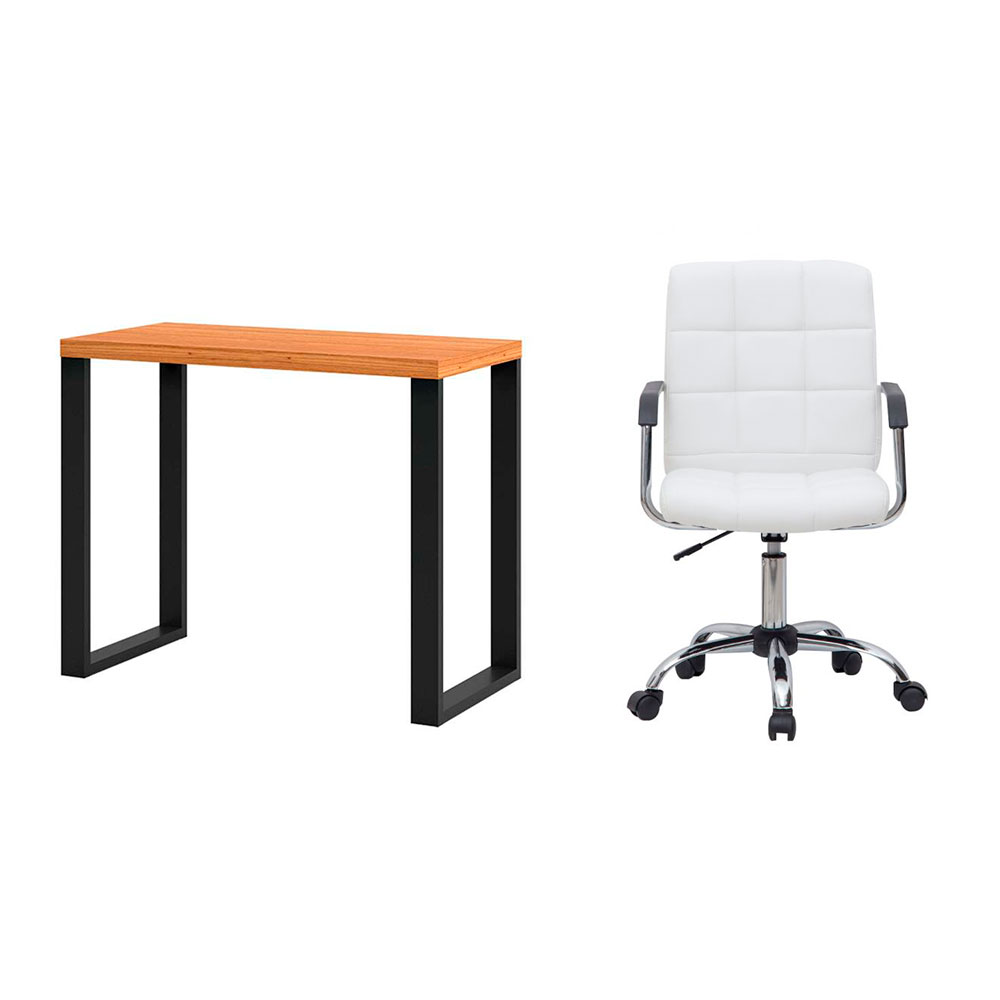 Conjunto de Mesa Anah Freijó e Preta com Cadeira de Escritório Secretária Giratória Fitz Branca Conjunto de Mesa Anah Freijó e Preta com Cadeira de Escritório Secretária Giratória Fitz Branca
