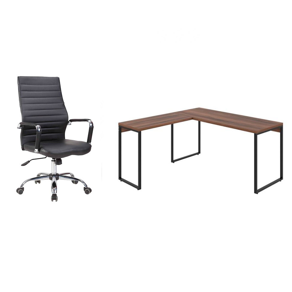 Conjunto de Mesa Kuadra Nogal 150 cm com Cadeira de Escritório Diretor Giratória Cleaner Preta Conjunto de Mesa Kuadra Nogal 150 cm com Cadeira de Escritório Diretor Giratória Cleaner Preta