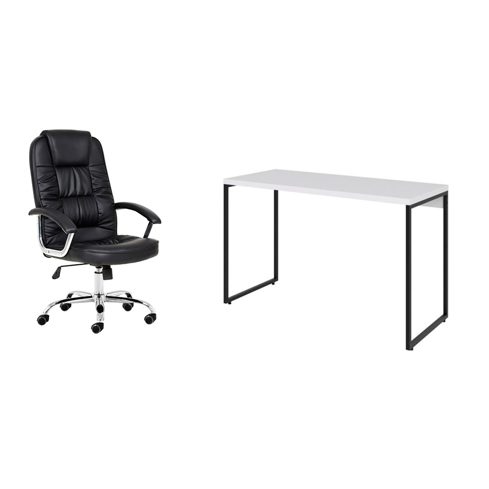 Conjunto de Mesa Studio Branca 120 cm com Cadeira de Escritório Presidente Giratória com Relax Finland Preta Conjunto de Mesa Studio Branca 120 cm com Cadeira de Escritório Presidente Giratória com Relax Finland Preta