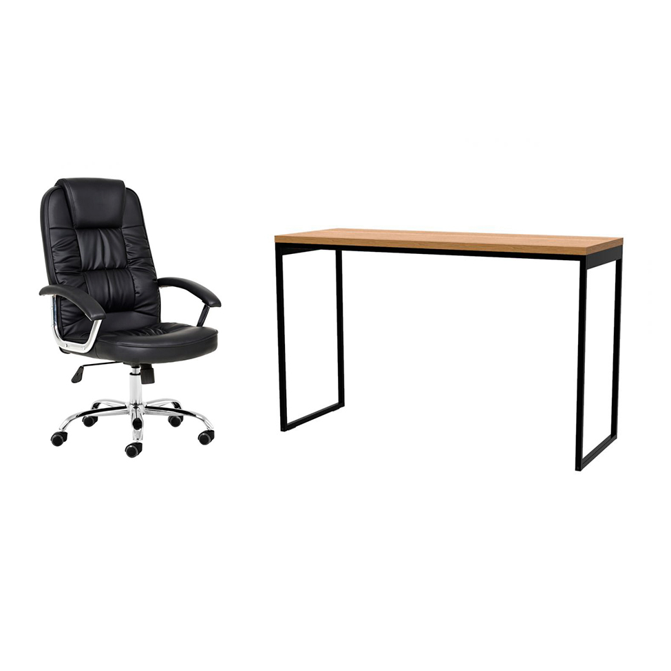 Conjunto de Mesa Stanford Amêndoa 120 cm com Cadeira de Escritório Presidente Giratória com Relax Finland Preta Conjunto de Mesa Stanford Amêndoa 120 cm com Cadeira de Escritório Presidente Giratória com Relax Finland Preta
