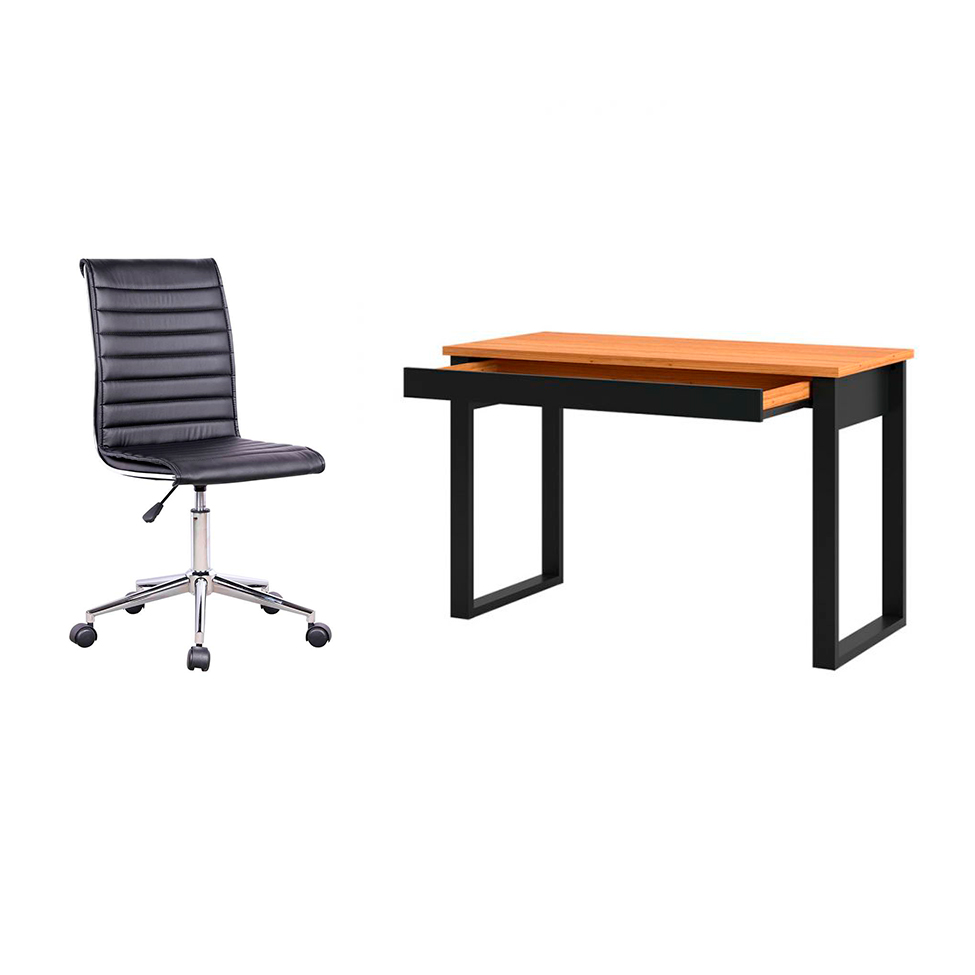 Conjunto de Mesa Anah 1 GV Freijó com Cadeira de Escritório Secretária Giratória Marilyn Preta Conjunto de Mesa Anah 1 GV Freijó com Cadeira de Escritório Secretária Giratória Marilyn Preta