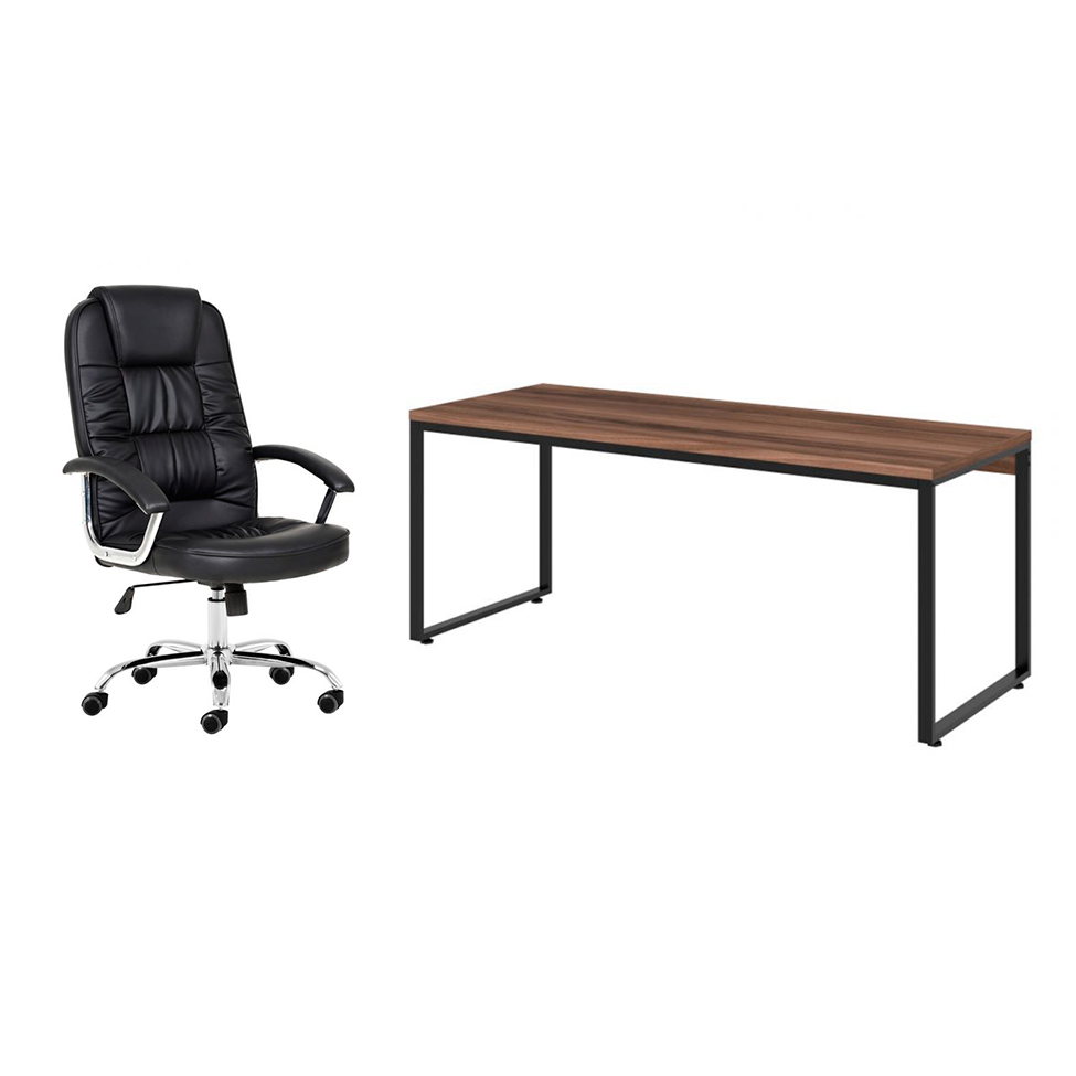 Conjunto de Mesa Kuadra Nogal com Cadeira de Escritório Presidente Giratória com Relax Finland Preta Conjunto de Mesa Kuadra Nogal com Cadeira de Escritório Presidente Giratória com Relax Finland Preta