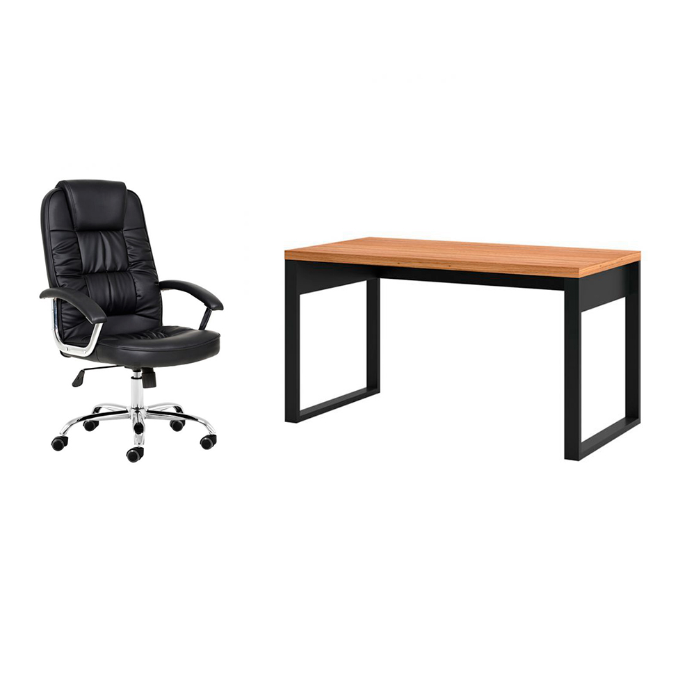 Conjunto de Mesa Anah Freijó com Cadeira de Escritório Presidente Giratória com Relax Finland Preta Conjunto de Mesa Anah Freijó com Cadeira de Escritório Presidente Giratória com Relax Finland Preta