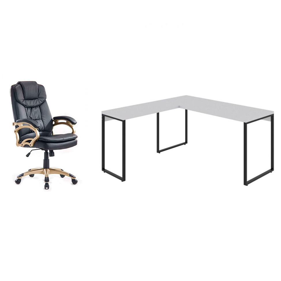 Conjunto de Mesa Kuadra II Branca 150 cm com Cadeira de Escritório Presidente Giratória com Relax Clark Preta e Dourada Conjunto de Mesa Kuadra II Branca 150 cm com Cadeira de Escritório Presidente Giratória com Relax Clark Preta e Dourada