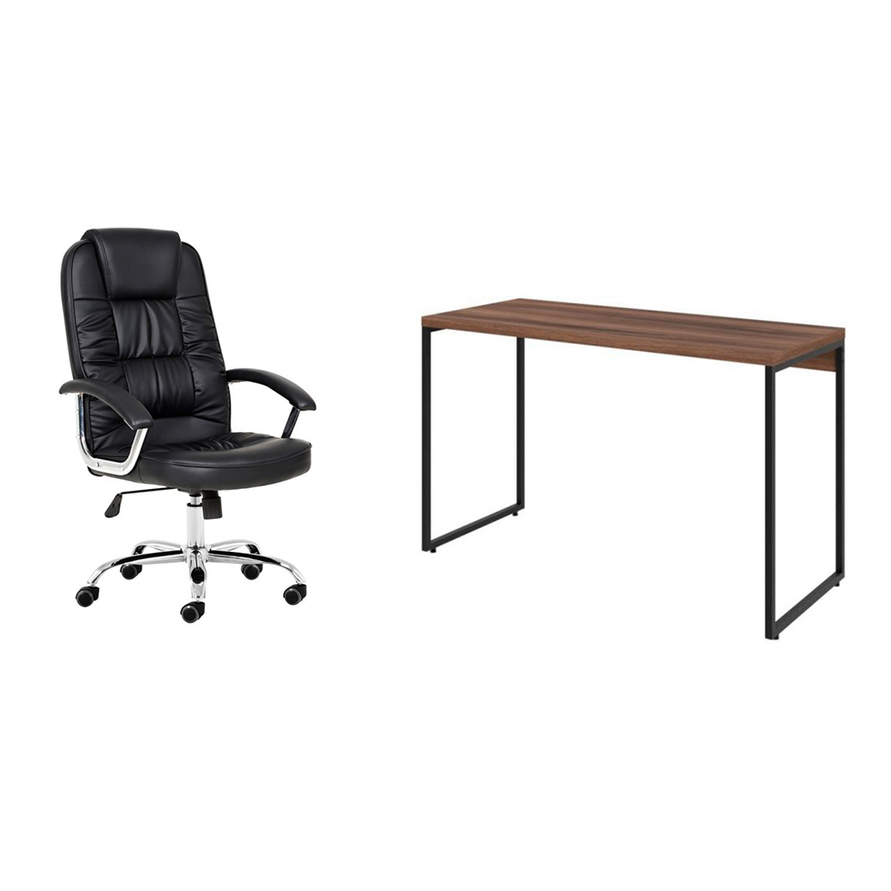 Conjunto de Mesa Studio Nogal 120 cm com Cadeira de Escritório Presidente Giratória com Relax Finland Preta Conjunto de Mesa Studio Nogal 120 cm com Cadeira de Escritório Presidente Giratória com Relax Finland Preta