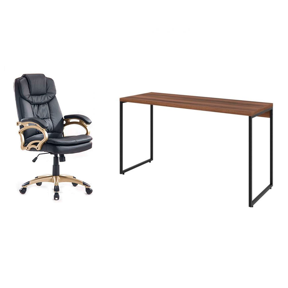 Conjunto de Mesa Studio Nogal 135 cm com Cadeira de Escritório Presidente Giratória com Relax Clark Preta e Dourada Conjunto de Mesa Studio Nogal 135 cm com Cadeira de Escritório Presidente Giratória com Relax Clark Preta e Dourada