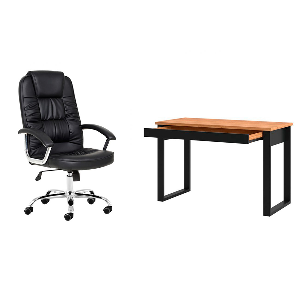 Conjunto de Mesa Anah 1 GV Freijó com Cadeira de Escritório Presidente Giratória com Relax Finland Preta Conjunto de Mesa Anah 1 GV Freijó com Cadeira de Escritório Presidente Giratória com Relax Finland Preta