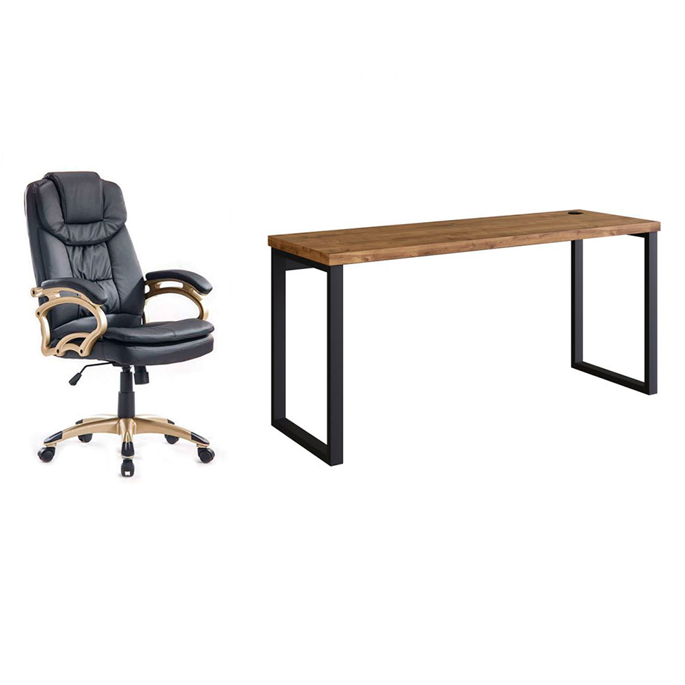 Conjunto de Mesa Miguel Marrom com Cadeira de Escritório Presidente Giratória com Relax Clark Preta e Dourada Conjunto de Mesa Miguel Marrom com Cadeira de Escritório Presidente Giratória com Relax Clark Preta e Dourada