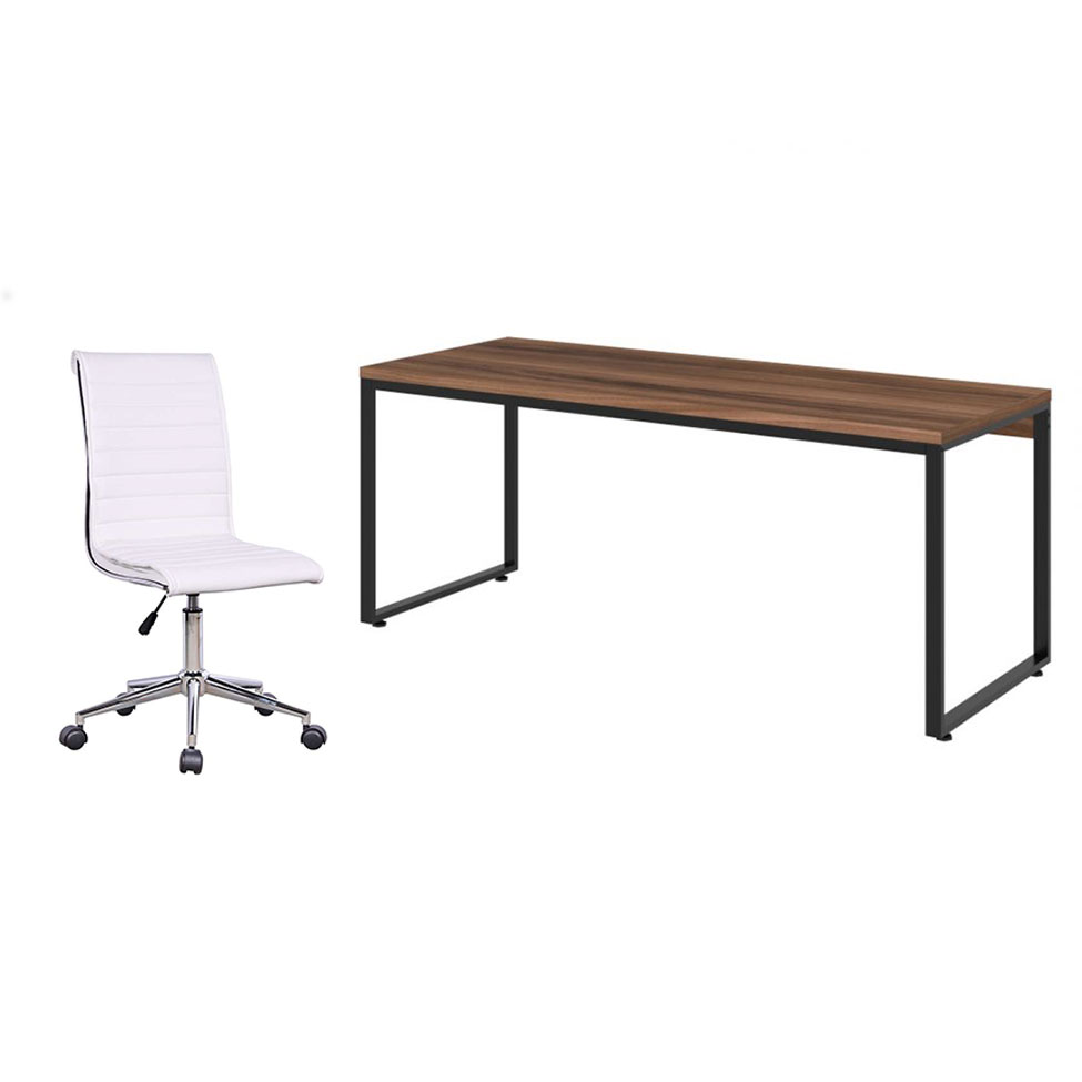 Conjunto de Mesa Kuadra Nogal e Preta com Cadeira de Escritório Secretária Giratória Marilyn Branca Conjunto de Mesa Kuadra Nogal e Preta com Cadeira de Escritório Secretária Giratória Marilyn Branca