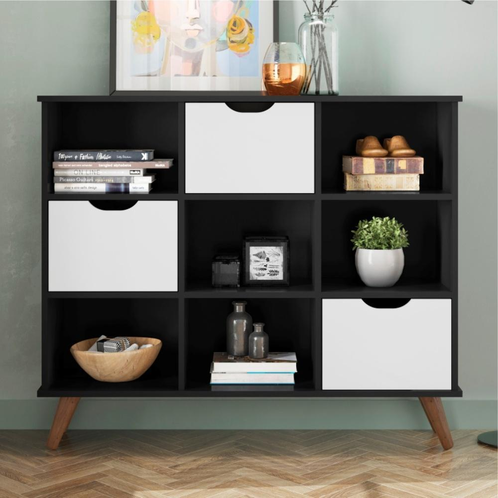 Conjunto Nicho Organizador Zuri 9 Espaços Retrô Preto + Kit 3 Gavetas Brancas Conjunto Nicho Organizador Zuri 9 Espaços Retrô Preto + Kit 3 Gavetas Brancas