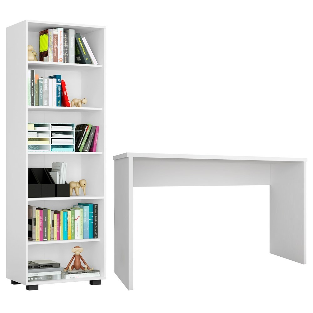 Conjunto Escritório 2 Peças Mesa Gávea e Estante Office Branco - Móveis Leão Conjunto Escritório 2 Peças Mesa Gávea e Estante Office Branco - Móveis Leão