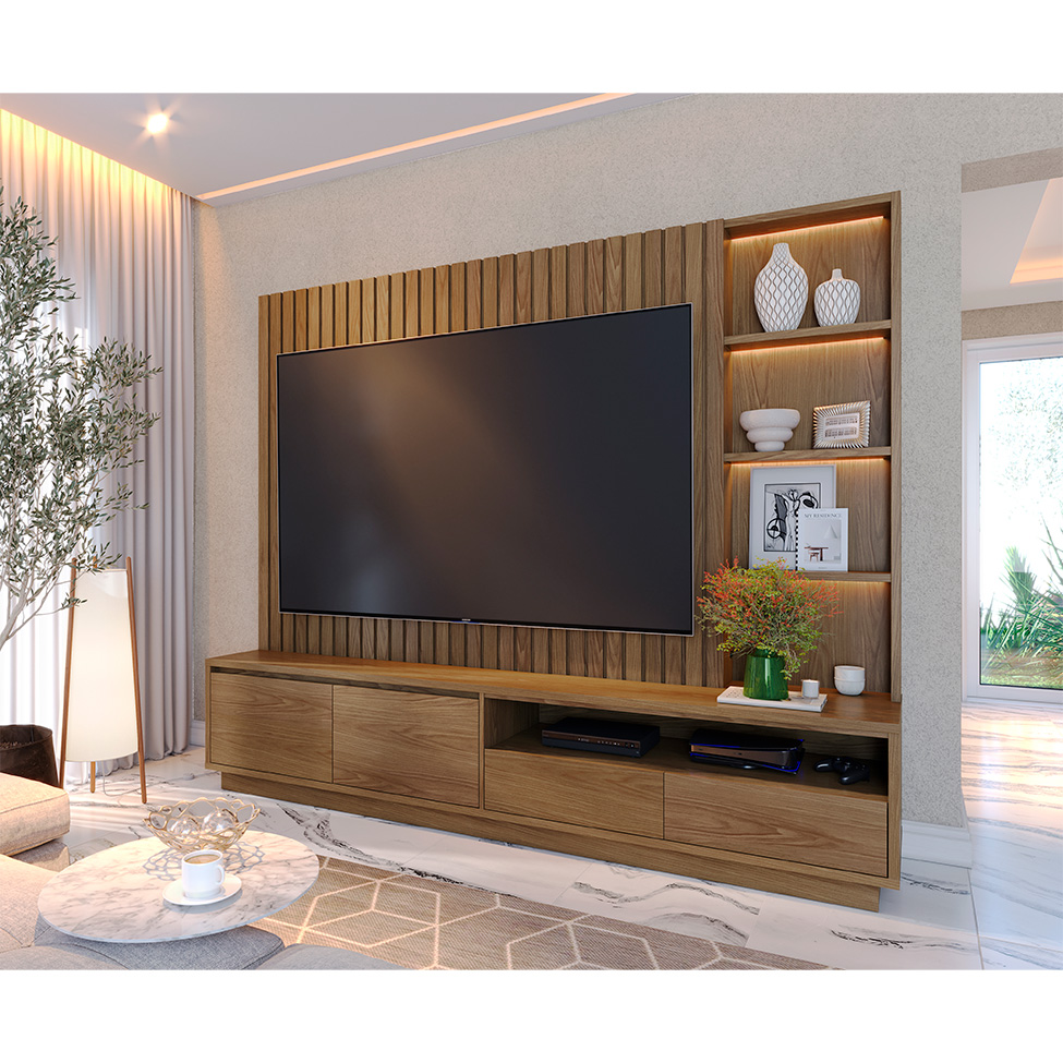 Estante para Home Theater e TV até 82 Polegadas Cancún com LED 4 GV Amêndoa Estante para Home Theater e TV até 82 Polegadas Cancún com LED 4 GV Amêndoa