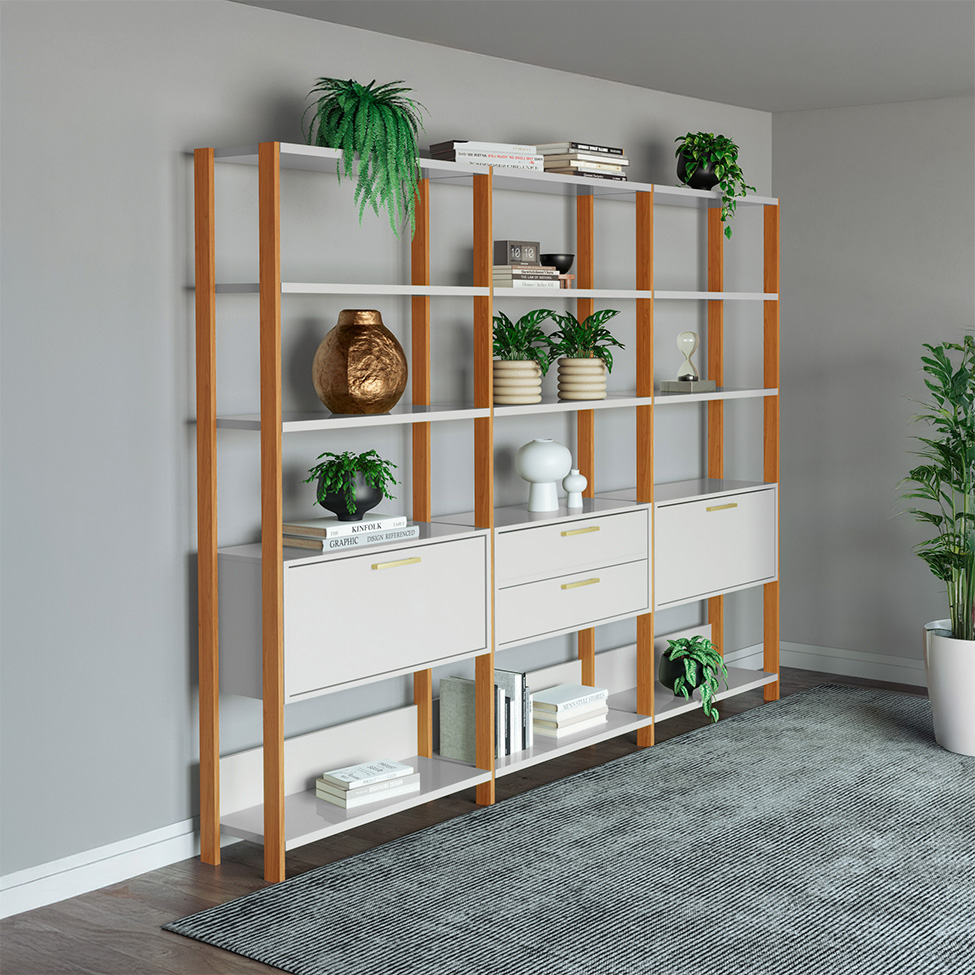 Estante Helen 100% MDF 2 Portas 2 Gavetas Off White e Freijó Estante Helen 100% MDF 2 Portas 2 Gavetas Off White e Freijó