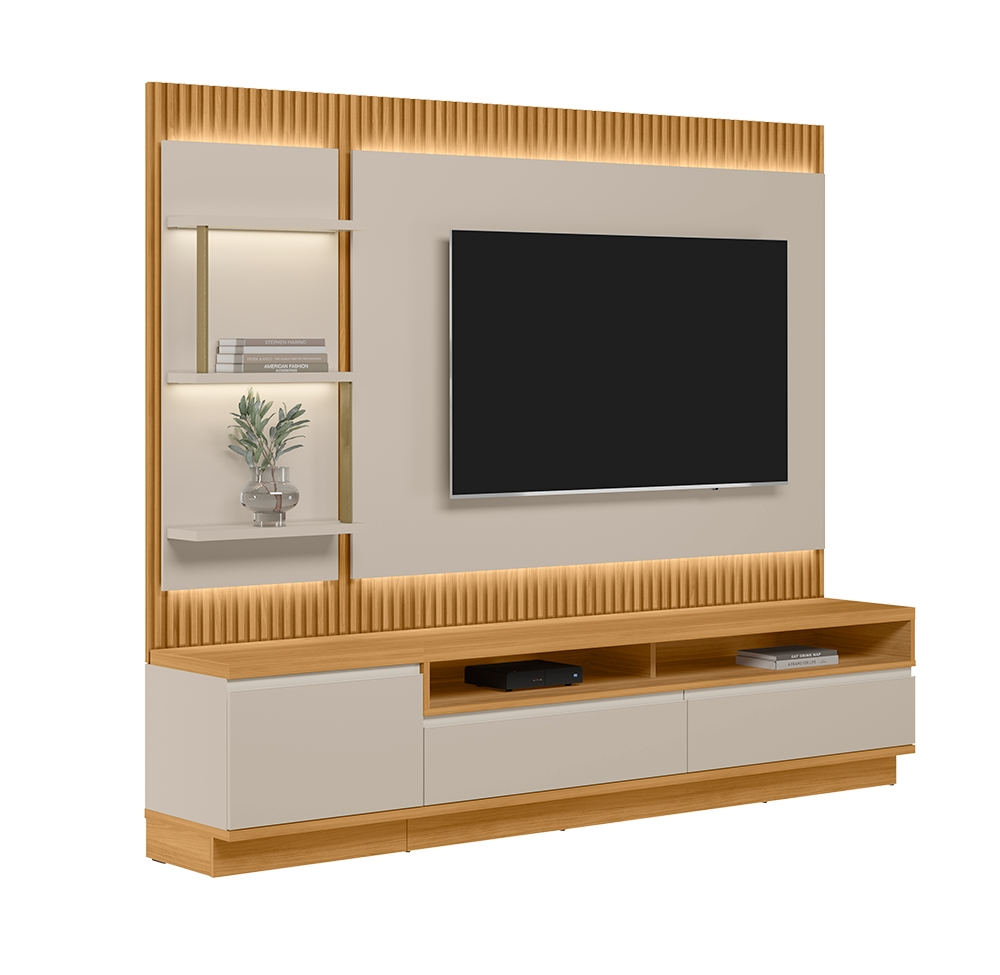 Estante para Home Theater e TV até 70 Polegadas São Paulo com LED 1 PT 2 GV Tauari e Off White Estante para Home Theater e TV até 70 Polegadas São Paulo com LED 1 PT 2 GV Tauari e Off White