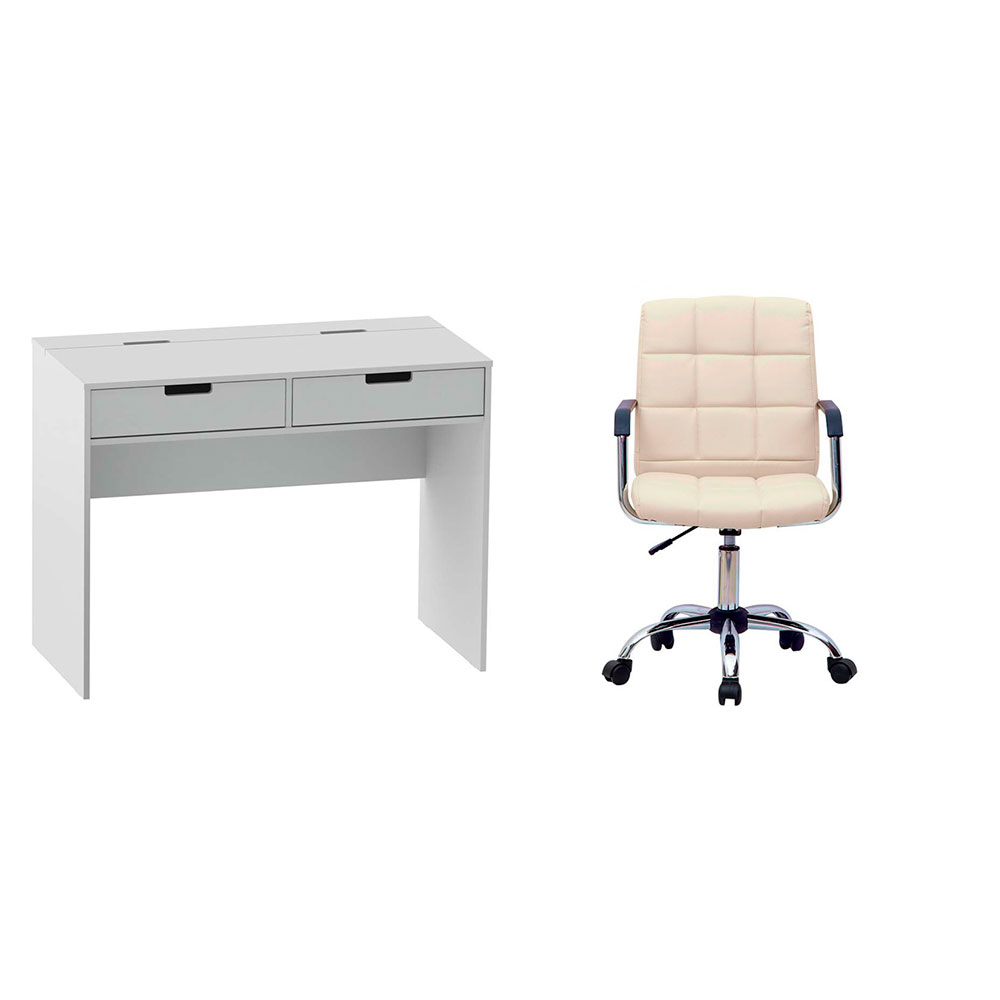Conjunto de Mesa New Branca com Cadeira de Escritório Secretária Giratória Fitz Bege Conjunto de Mesa New Branca com Cadeira de Escritório Secretária Giratória Fitz Bege