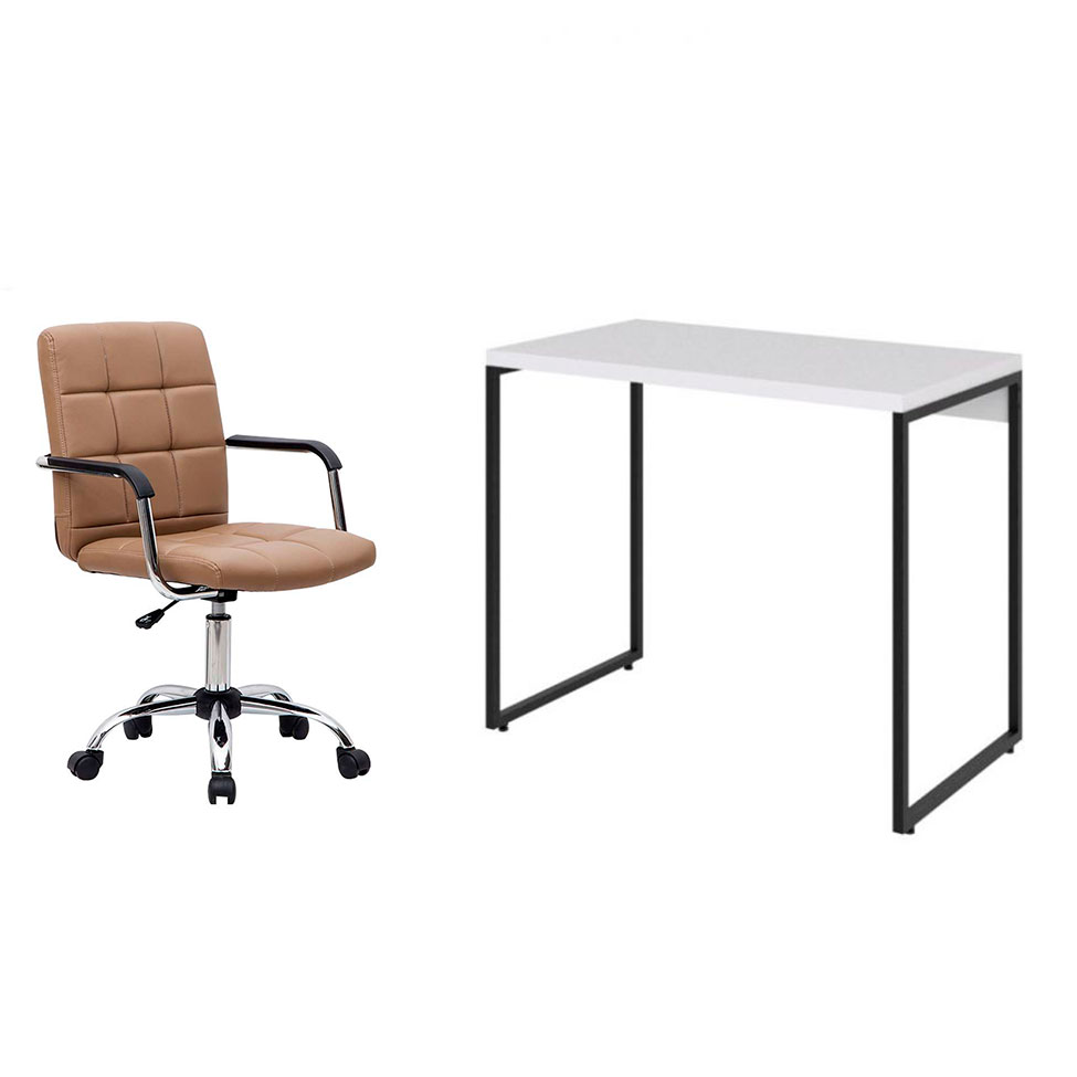 Conjunto de Mesa Studio Branca e Preta com Cadeira de Escritório Secretária Giratória Fitz Marrom Conjunto de Mesa Studio Branca e Preta com Cadeira de Escritório Secretária Giratória Fitz Marrom