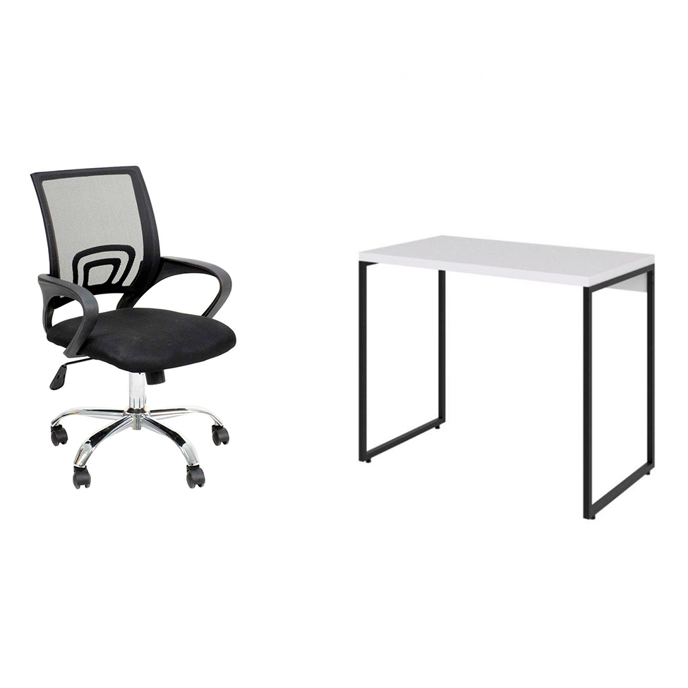 Conjunto de Mesa Studio Branca e Preta com Cadeira de Escritório Secretária Giratória New Java Preta Conjunto de Mesa Studio Branca e Preta com Cadeira de Escritório Secretária Giratória New Java Preta