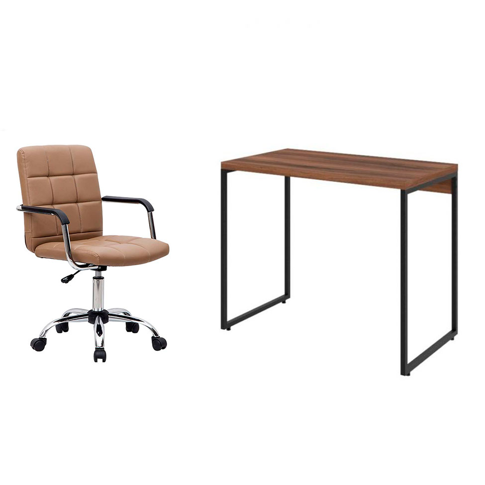 Conjunto de Mesa Studio Nogal com Cadeira de Escritório Secretária Giratória Fitz Marrom Conjunto de Mesa Studio Nogal com Cadeira de Escritório Secretária Giratória Fitz Marrom