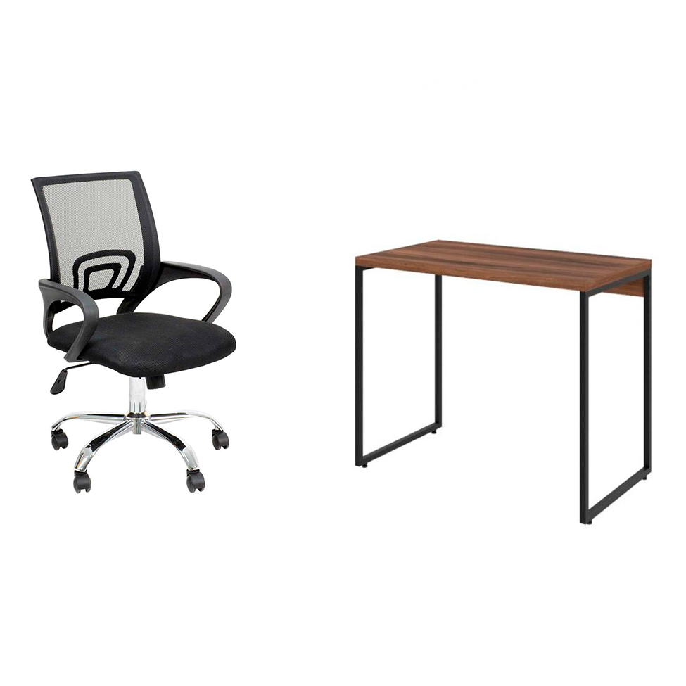 Conjunto de Mesa Studio Nogal com Cadeira de Escritório Secretária Giratória New Java Preta Conjunto de Mesa Studio Nogal com Cadeira de Escritório Secretária Giratória New Java Preta