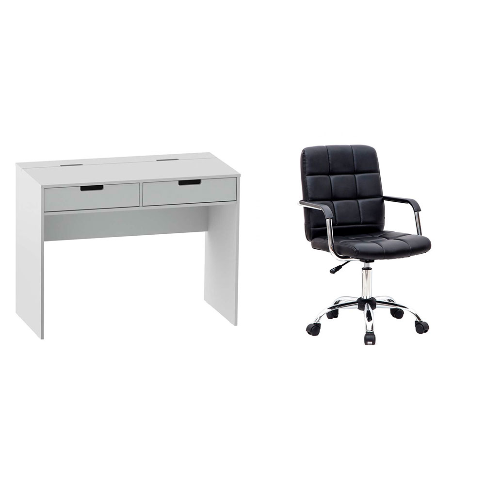 Conjunto de Mesa New Branca com Cadeira de Escritório Secretária Giratória Fitz Preta Conjunto de Mesa New Branca com Cadeira de Escritório Secretária Giratória Fitz Preta