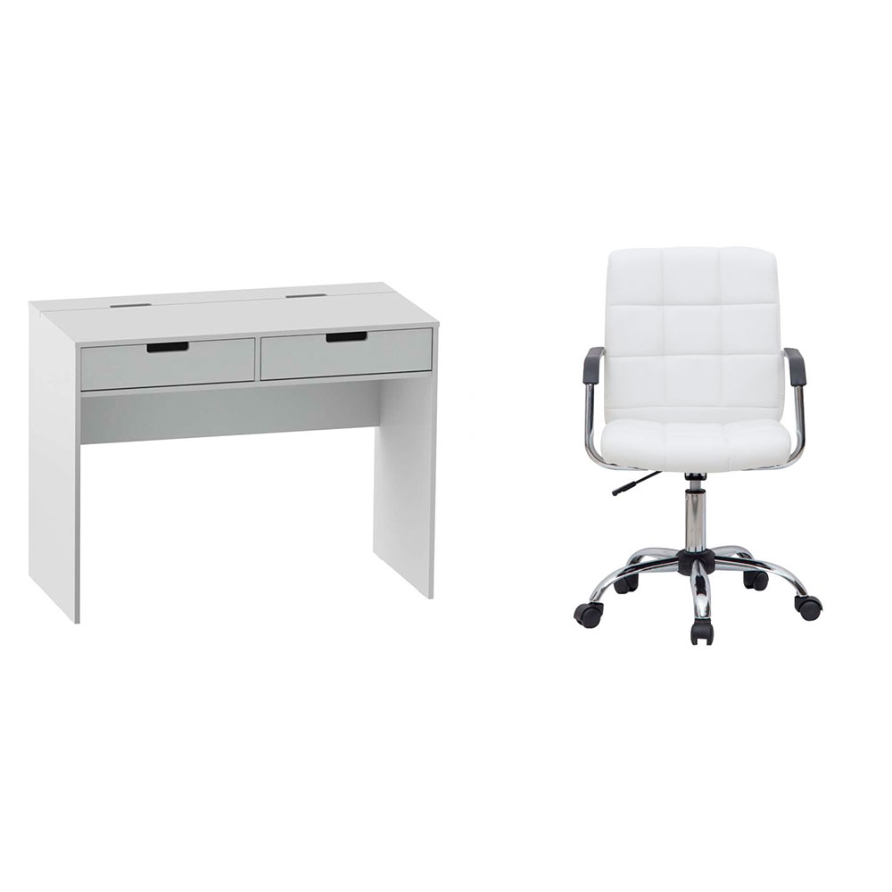 Conjunto de Mesa New com Cadeira de Escritório Secretária Giratória Fitz Branca Conjunto de Mesa New com Cadeira de Escritório Secretária Giratória Fitz Branca