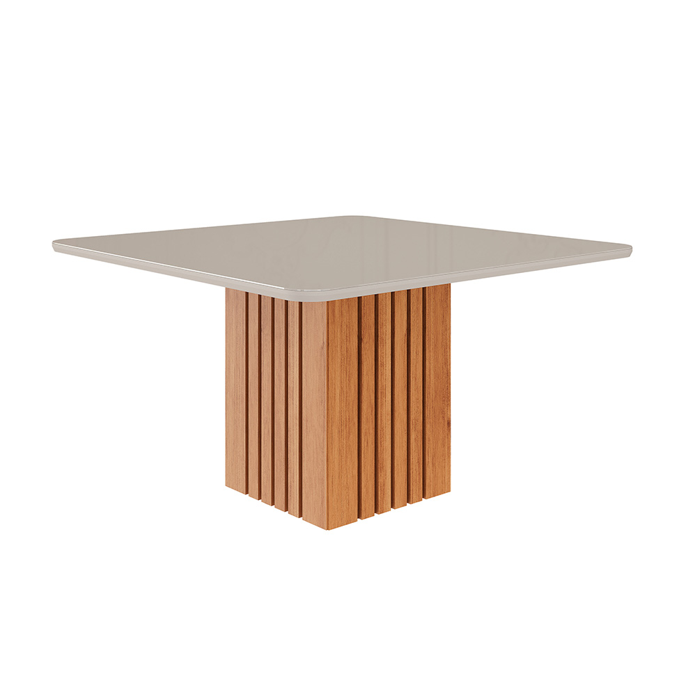 Mesa de Jantar Quadrada com Tampo de Vidro Ana Off White e Cinamomo 130 cm Mesa de Jantar Quadrada com Tampo de Vidro Ana Off White e Cinamomo 130 cm