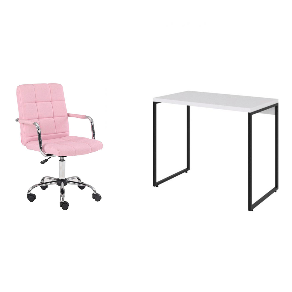 Conjunto de Mesa Studio Branca e Preta com Cadeira de Escritório Secretária Giratória Fitz Rosa Conjunto de Mesa Studio Branca e Preta com Cadeira de Escritório Secretária Giratória Fitz Rosa