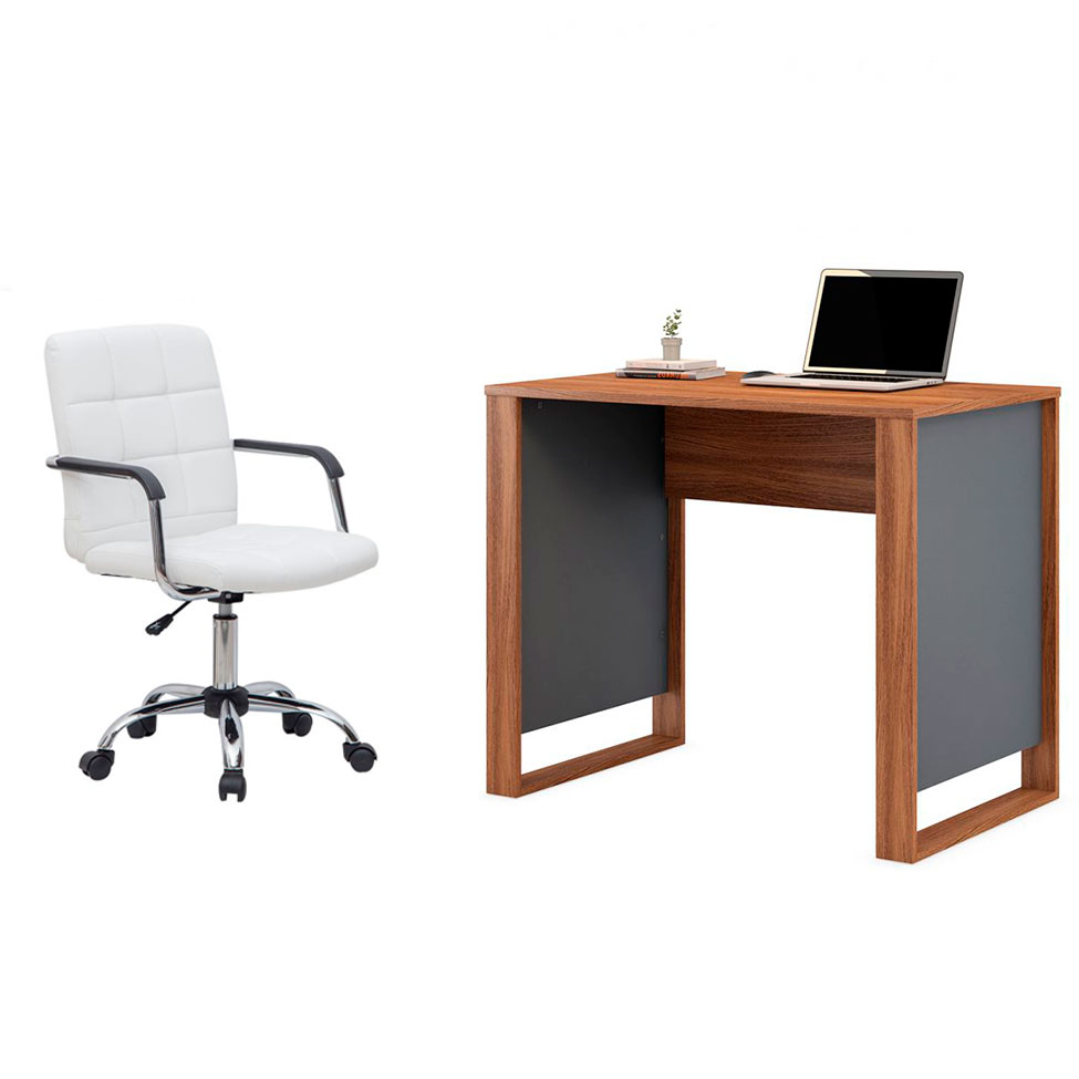 Conjunto de Mesa Morada Amendola e Grafito com Cadeira de Escritório Secretária Giratória Fitz Branca Conjunto de Mesa Morada Amendola e Grafito com Cadeira de Escritório Secretária Giratória Fitz Branca