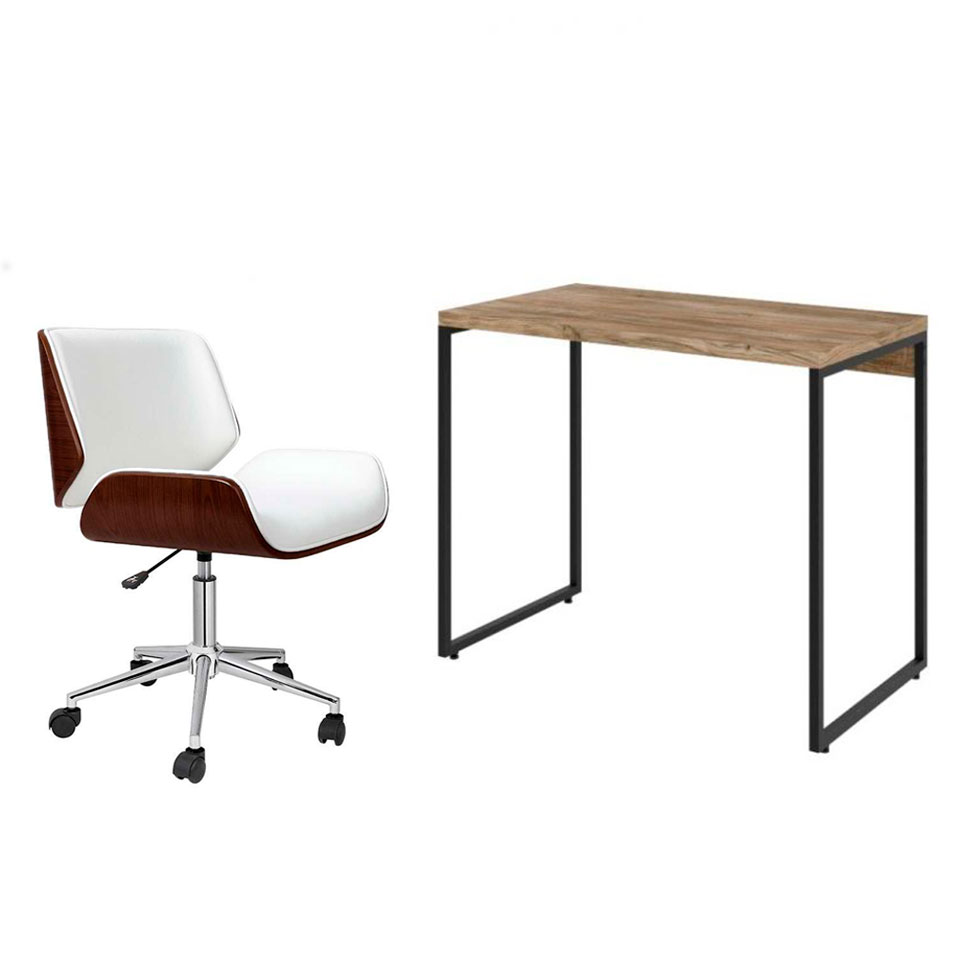 Conjunto de Mesa Studio Carvalho com Cadeira de Escritório Diretor Giratória Lauren Branca Conjunto de Mesa Studio Carvalho com Cadeira de Escritório Diretor Giratória Lauren Branca