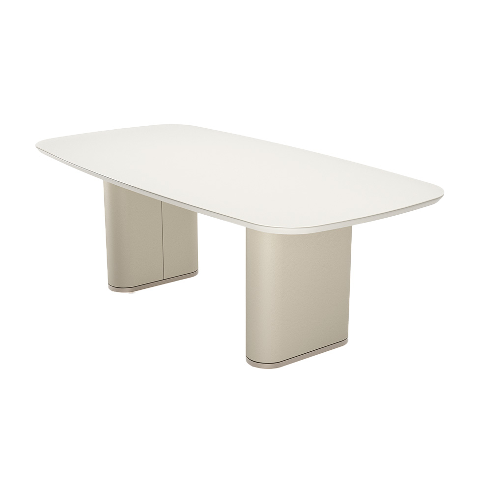 Mesa de Jantar Retangular com Tampo de Vidro Off White Lintz Bege e Champanhe 184 cm Mesa de Jantar Retangular com Tampo de Vidro Off White Lintz Bege e Champanhe 184 cm