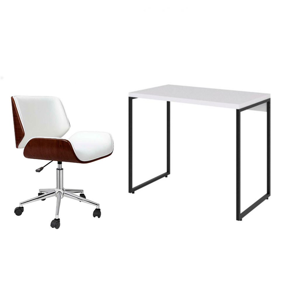 Conjunto de Mesa Studio Branca e Preta com Cadeira de Escritório Diretor Giratória Lauren Branca Conjunto de Mesa Studio Branca e Preta com Cadeira de Escritório Diretor Giratória Lauren Branca