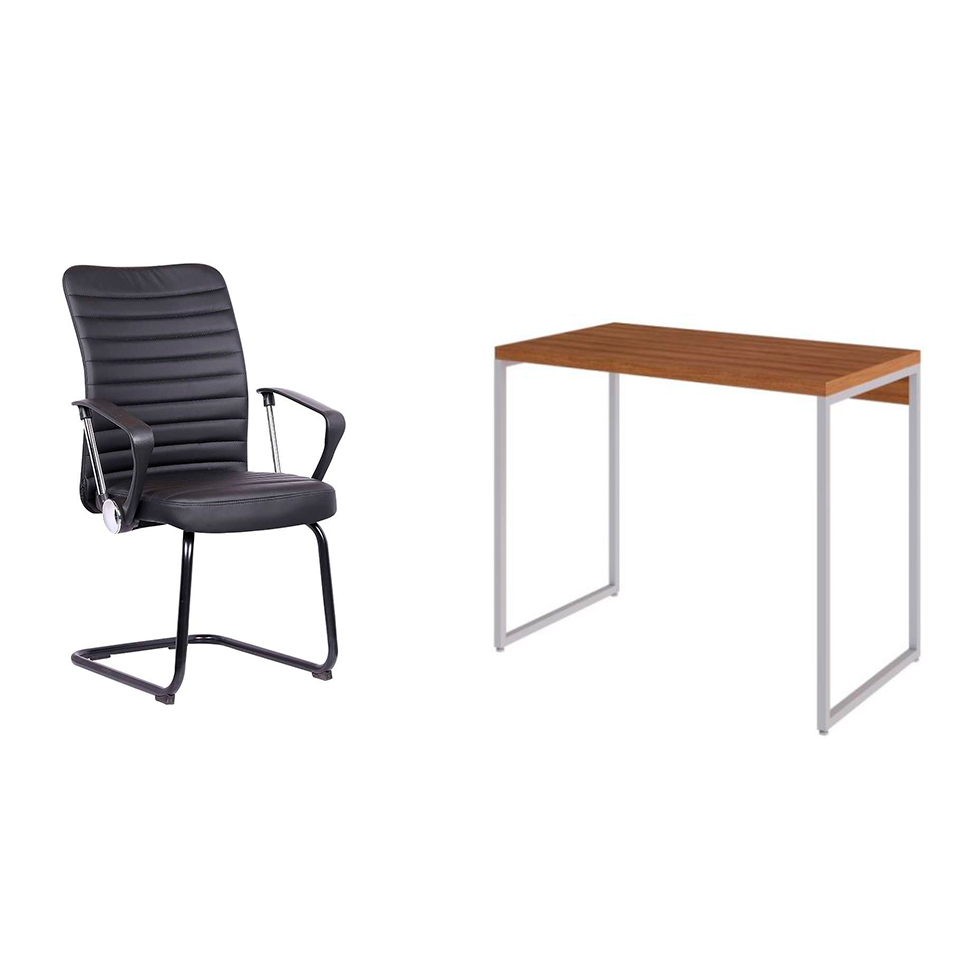 Conjunto de Mesa Studio Mel e Branca com Cadeira de Escritório Interlocutor Fixa Oslo Preta Conjunto de Mesa Studio Mel e Branca com Cadeira de Escritório Interlocutor Fixa Oslo Preta