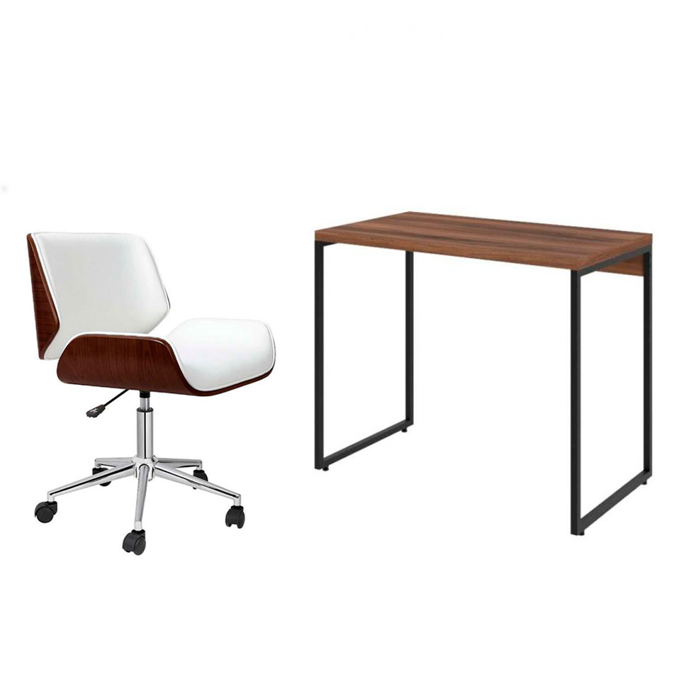 Conjunto de Mesa Studio Nogal com Cadeira de Escritório Diretor Giratória Lauren Branca Conjunto de Mesa Studio Nogal com Cadeira de Escritório Diretor Giratória Lauren Branca