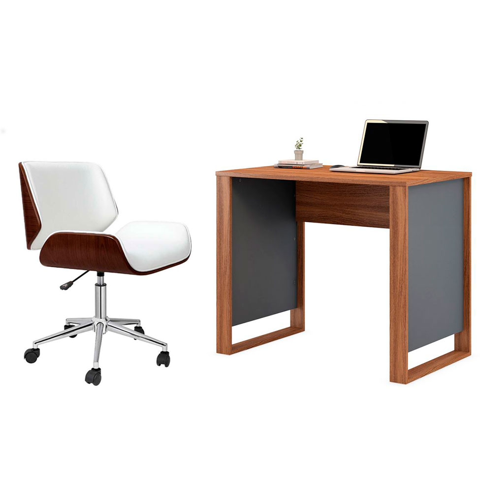 Conjunto de Mesa Morada Amendola e Grafito com Cadeira de Escritório Diretor Giratória Lauren Branca Conjunto de Mesa Morada Amendola e Grafito com Cadeira de Escritório Diretor Giratória Lauren Branca